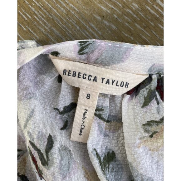 Rebecca Taylor Sofia Silk Top 8 Blouse Floral Boho Ivory Silk Blend Green Purple - Picture 5 of 10